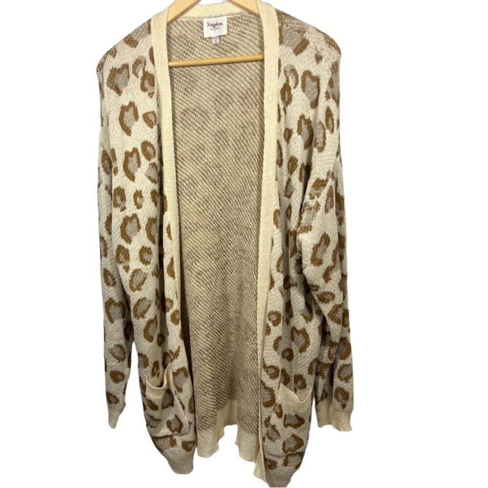 HAYDEN Women’s Wrapsody Leopard Print Long Open Cardigan Cream/Brown 1XL/2XL